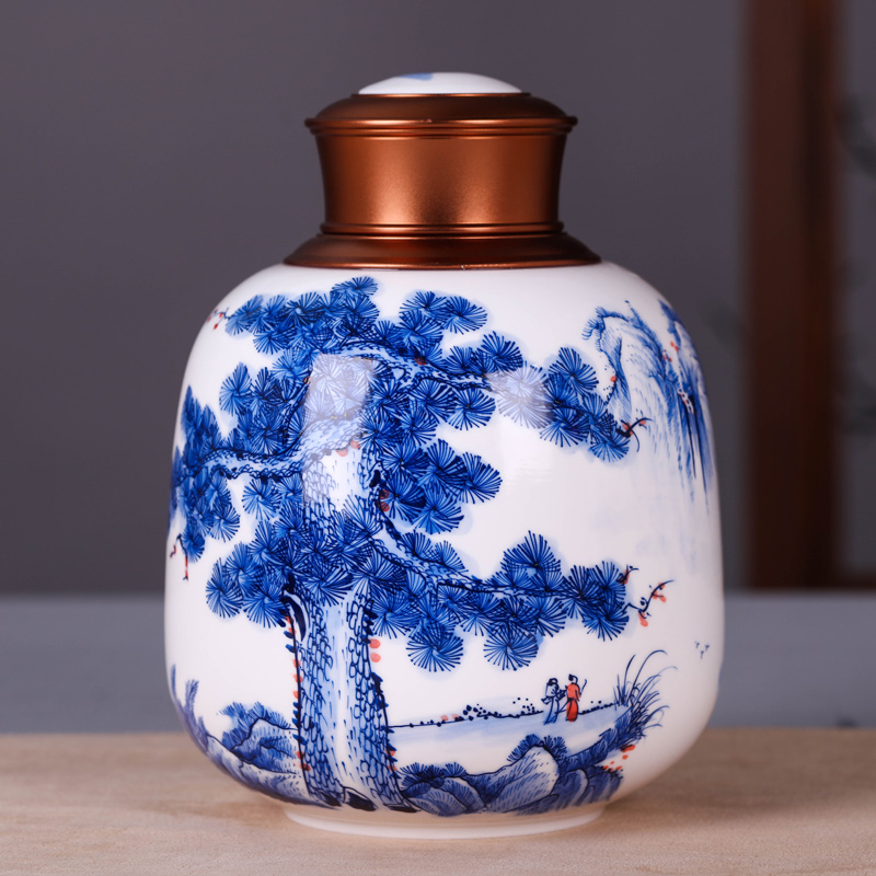 Jingdezhen blue and white caddy fixings household seal pot porcelain ceramic hand - made trumpet puer tea pot