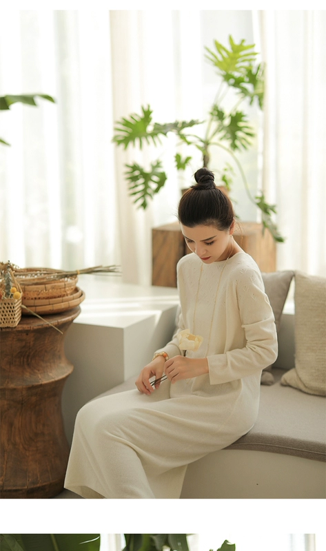 Ma Lin văn học và nghệ thuật phụ nữ mặc 2021 sản phẩm mới mùa xuân và mùa thu Merino len siêu mịn áo dài dệt kim jacquard len rỗng - Sản phẩm HOT