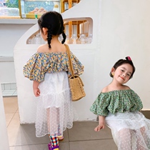 Korean childrens clothing girls childrens sweet strapless floral jacket short sleeve doll shirt polka dot gauze skirt white skirt skirt