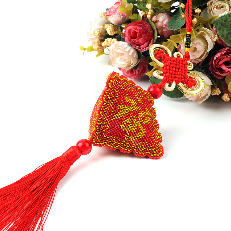 红黄印花平安福 三面绣满珠绣汽车挂件十字绣串珠平安符材料