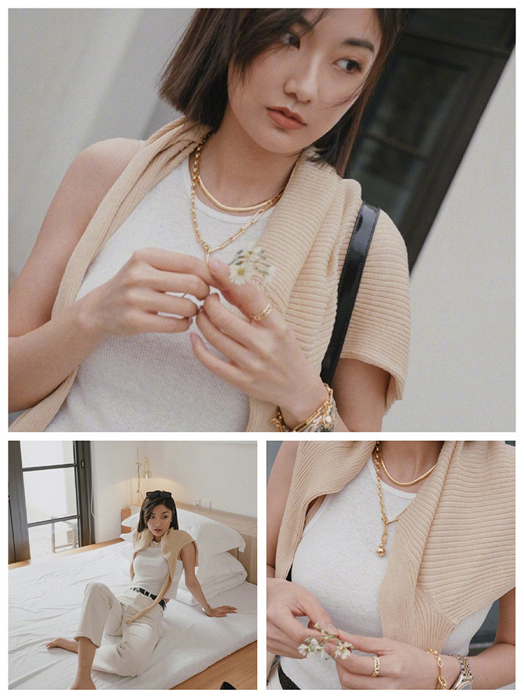 savi同款高档粗链条个性金球吊坠长锁骨项链毛衣链简约百搭秋冬款