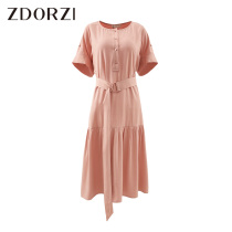 Zhuo multi-colored waist short sleeve dress high waist thin belly 2021 autumn new simple fashion Medium-length dress