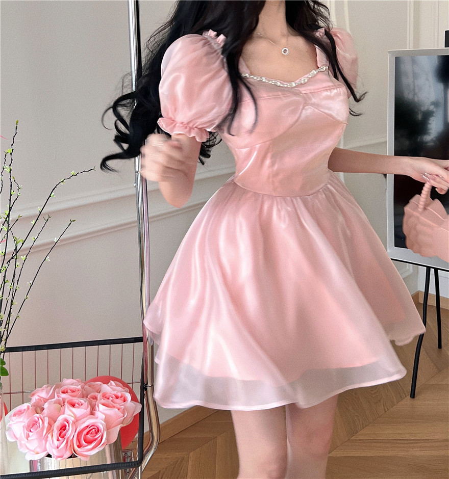 实拍实价甜美粉色方领泡泡袖收腰仙女公主裙 - 17网