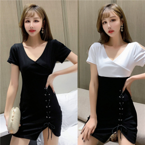 V-neck slim dress sexy temperament design sense bandage small black skirt