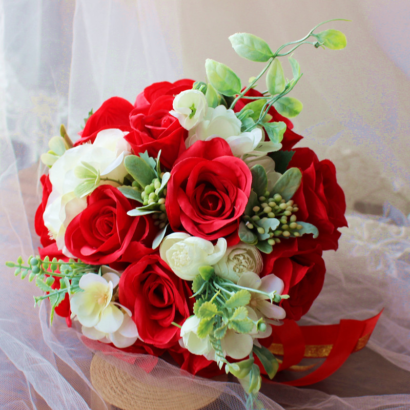 红色中式新娘手捧花结婚礼仿真花束婚纱拍照注册道具手捧一件代发