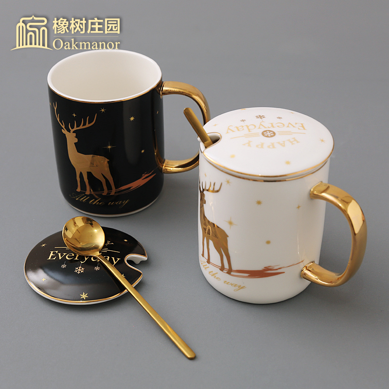 Nordic contracted literary elk mark cup with cover teaspoons of coloured drawing or pattern household glass ceramic cup constellation lovers coffee cup