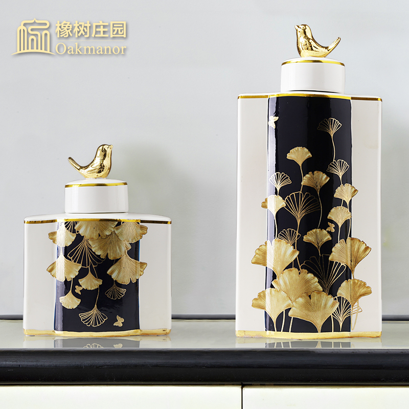 New Chinese style light key-2 luxury gold leaf ceramic pot of storage tank furnishing articles candy jar sitting room adornment porcelain jar with cover the receive tank