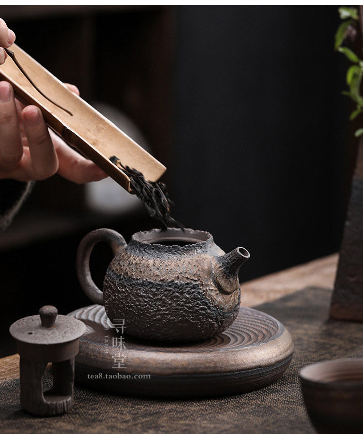 鎏金粗陶正把壶|复古手工茶壶石纹古早烧铁釉锤纹壶陶瓷功夫茶具