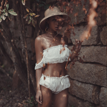 Hui girl HUIHUI transparent lace see-through dress gift strapless mesh sleeve ultra-short pajamas home clothes two-piece set