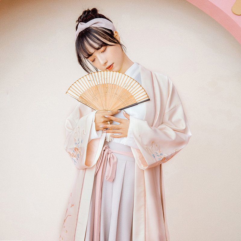 鹿韵记白鹤词汉元素少女浅藕色长褙子长裙套装改良汉服女春装新品