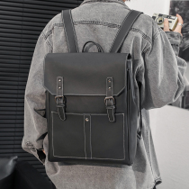 Tide brand fashion mens backpack simple leather flip backpack college student bag computer bag Korean mens bag