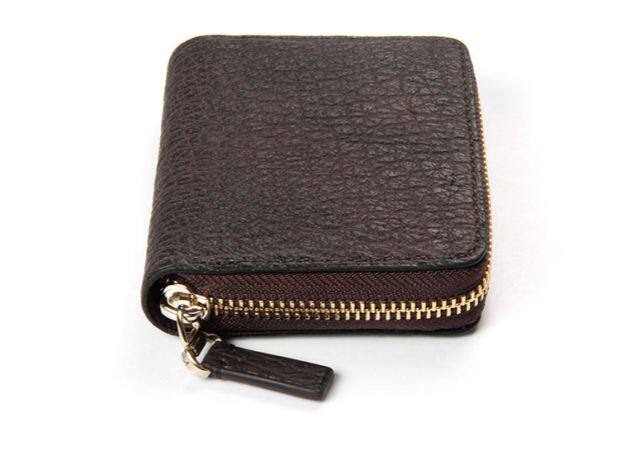 聚变原创手工皮具 棕色鲨鱼皮拉链小钱包 女士零钱硬币包真皮定制