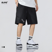 Summer personality stitching mesh zipper letter embroidery thin shorts mens trend loose straight five-point beach pants