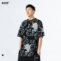 National tide new original cartoon bull head full print graffiti round neck short-sleeved T-shirt mens summer hip-hop loose middle sleeve T-shirt