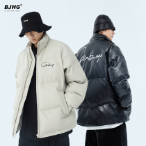 Winter thick puleather letter embroidery stand collar tooling cotton clothes mens Tide brand loose American bread clothing coat coat