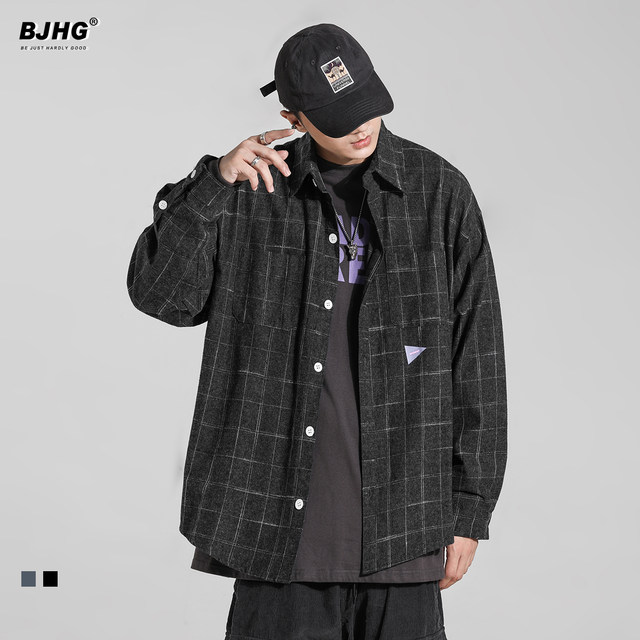 BJHG spring plaid shirt men's tide card Hong Kong wind loose Oversize grind black long sleeve shirt extension BJHG spring plaid shirt men's tide card Hong Kong wind loose Oversize grind black long sleeve shirt extension