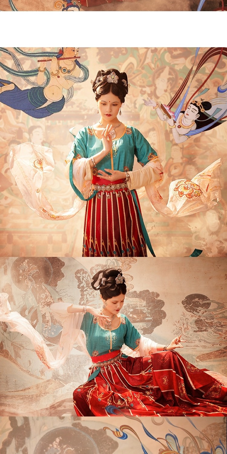 锦上堇瑟明镜台原创汉服女袒领半臂齐腰襦裙敦煌风中国风飞天现货_濮