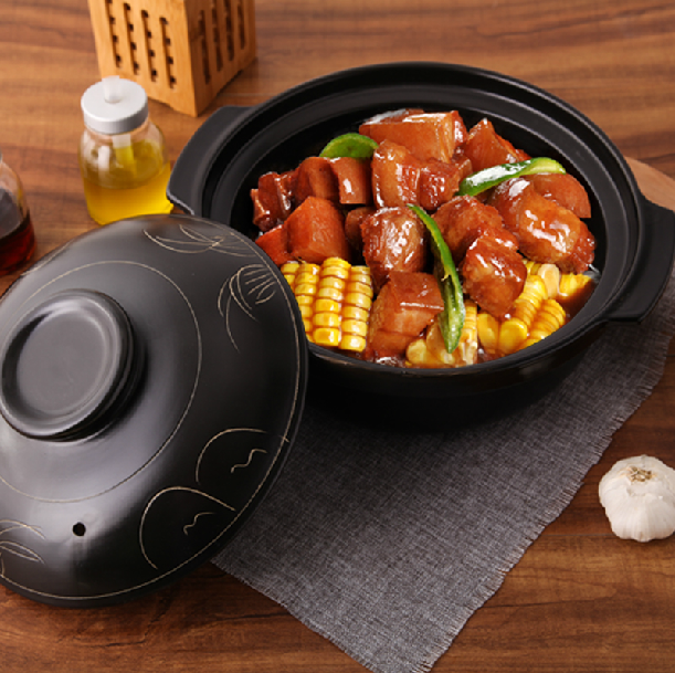 莹玉 黑色刻花平锅 大容量砂锅炖锅陶瓷汤煲明火煲汤煮粥汤锅