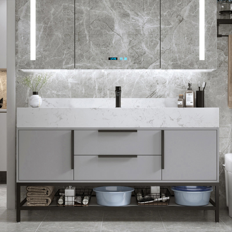 岩板一体现代简约轻奢浴室柜组合落地式洗脸洗手池洗漱台盆卫生间