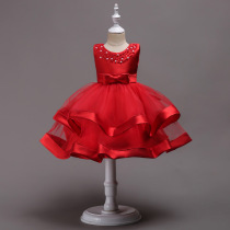 Princess dress girl Red summer childrens dress puffy gauze small host foreign dress sixty-one performance dress