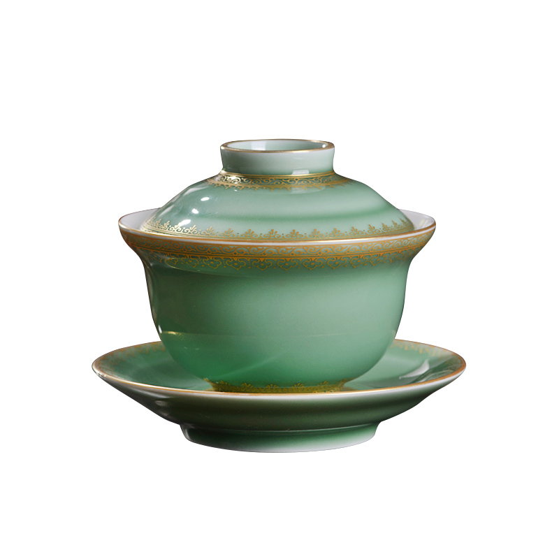 Pea green glazed pottery tureen single jingdezhen porcelain only three tureen tea cups kunfu tea ware bowl with cover a single