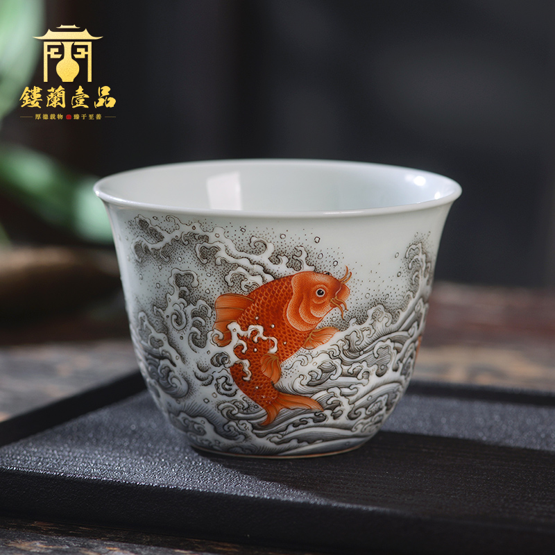 Jingdezhen ceramic hand - made color ink alum red diving longmen masters cup kongfu tea sample tea cup single CPU