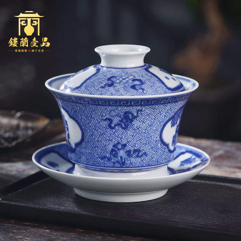 Jingdezhen ceramic blue and white komen figure hand - made all three bottle tureen tea bowl with cover only a single kunfu tea