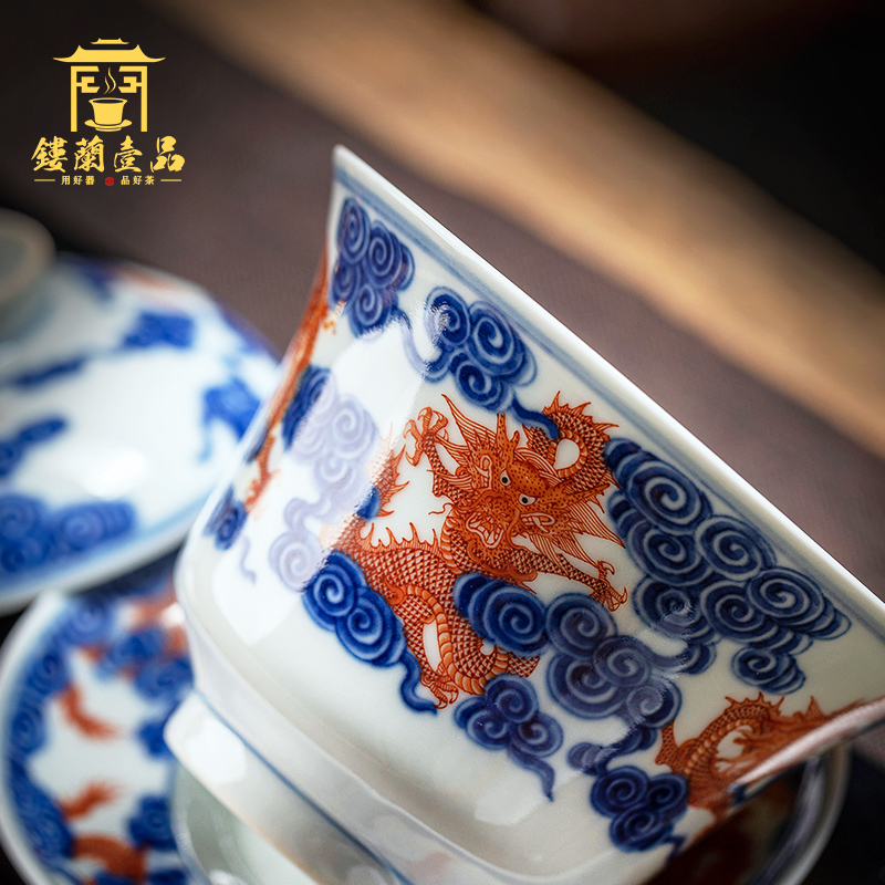 Jingdezhen ceramic all hand blue vitriol red of the statute of three men to tureen kung fu tea tea bowl of tea cups