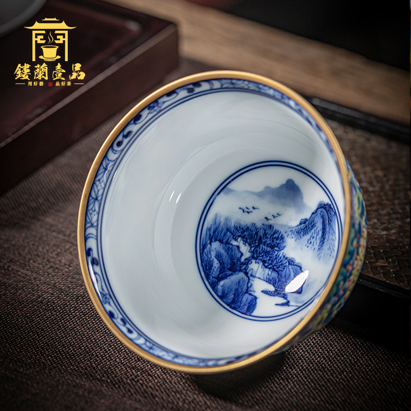 Jingdezhen ceramic powder enamel manually bound within the lotus flower blue pressure hand a cup of tea cup kung fu tea master single CPU