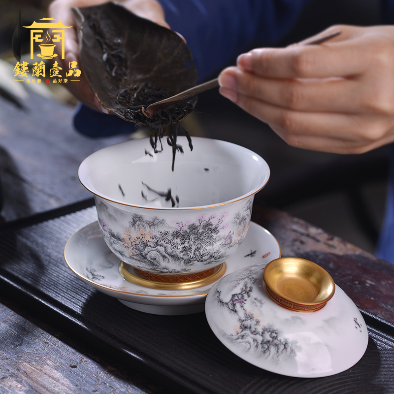 Jingdezhen all hand color ink paint only three tureen kung fu ceramic tea set large single tea bowl of tea cups