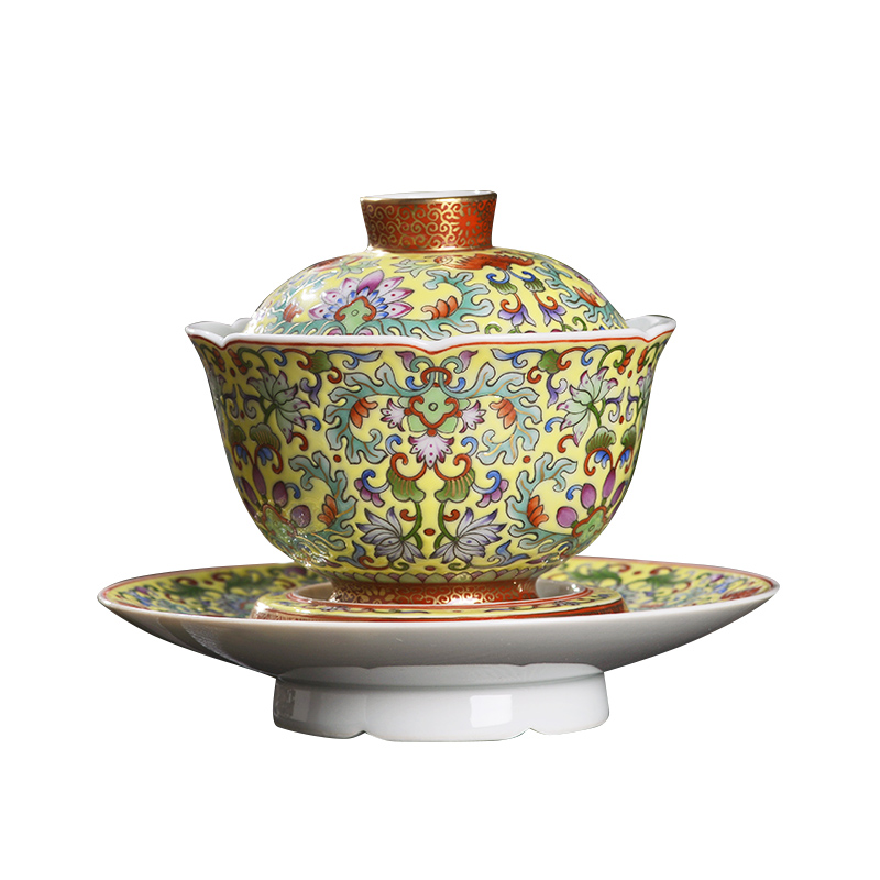 Jingdezhen ceramic hand - made enamel yellow tie up lotus flower only three tureen teacups large household take tureen tea bowl