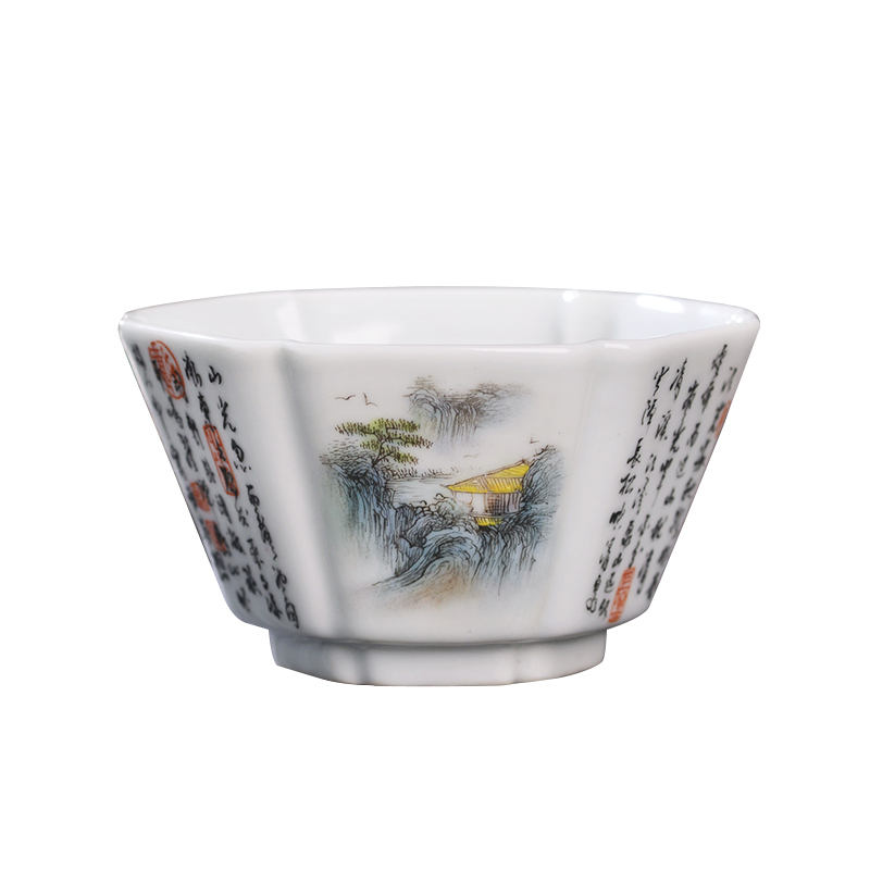 Jingdezhen ceramic hand - made pastel landscape of poetry and the six - party cup kunfu tea, tea cup personal single CPU master CPU
