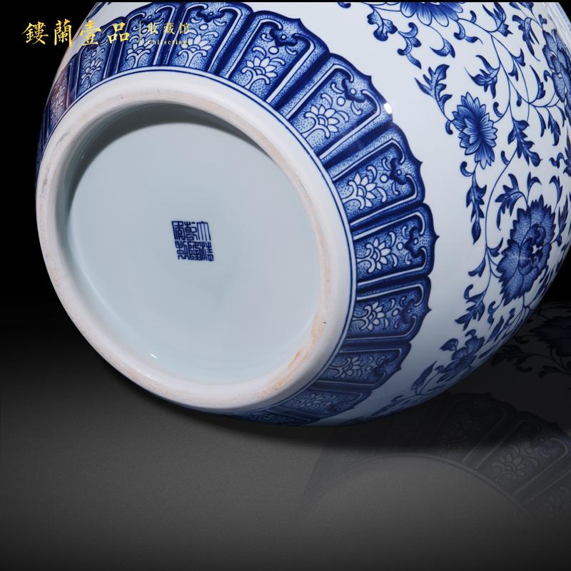 Jingdezhen ceramic high copy qianlong blue tie up lotus flower pattern painting and calligraphy cylinder of new Chinese style living room vase collection furnishing articles