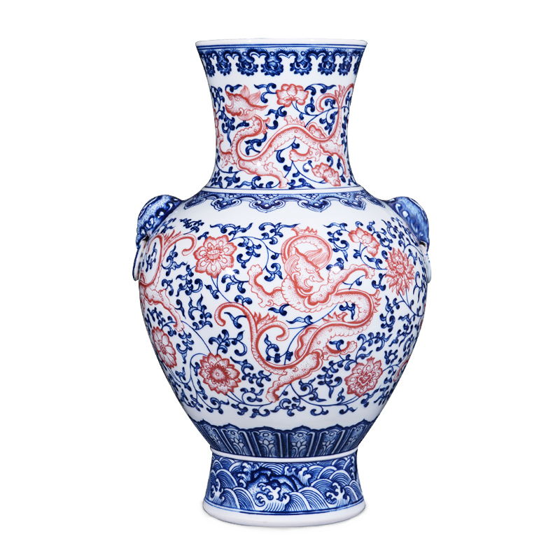 Jingdezhen blue and white dragon ceramics imitation the qing qianlong ears big vase Chinese style living room home furnishing articles