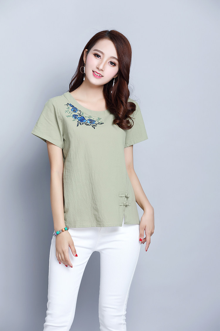 实拍2017夏装新款绣花t恤女短袖宽松文艺圆领休闲显瘦棉上衣