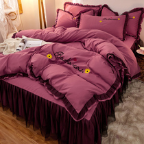 Korean lace bed skirt four-piece cotton cotton lace solid color quilt cover net red princess wind girl bedspread quilt cover