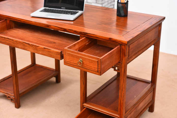 中式实木电脑桌 明清仿古家具 榆木办公桌三斗 写字台 小书桌