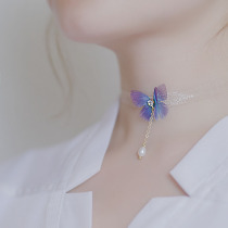 Butterfly transparent color yarn with butterfly flash drill fashion temperament pearl zircon short necklace neck chain choker