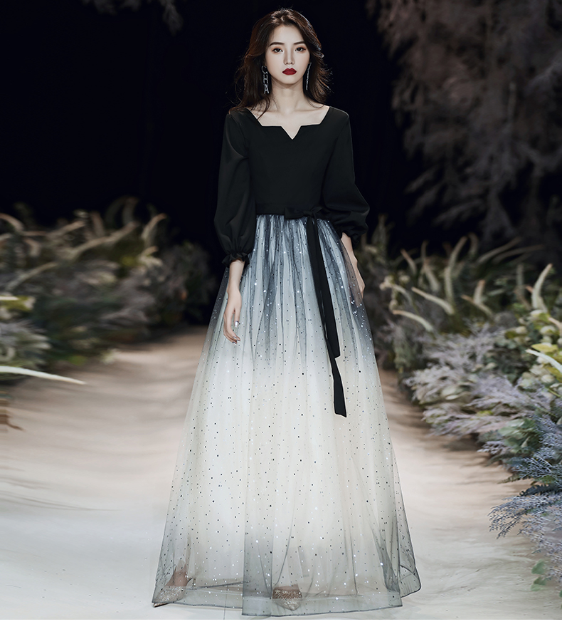 黑色仙女晚礼服裙仙气长款星空渐变梦幻女森系质感小礼服一件代发