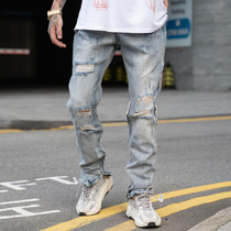 Guochao personality broken hole split slim jeans men Korean handsome Street Tide brand beggar pants denim trousers