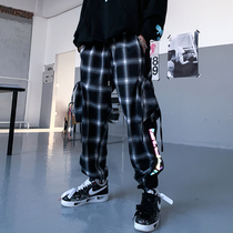 Guochao casual work wear grid pants men loose Street Tide brand mens trend long pants