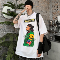 Summer Hong Kong flavor Korean version of character print round neck loose short sleeve ins Tide brand male trend hip hop student half sleeve