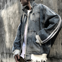 Original design knitted wool fabric stitching denim jacket men loose Street Tide brand autumn winter jacket gown