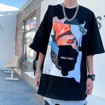 chic bishop high street style fashion print short sleeve T-shirt mens loose hip hop tide style national tide summer clothes