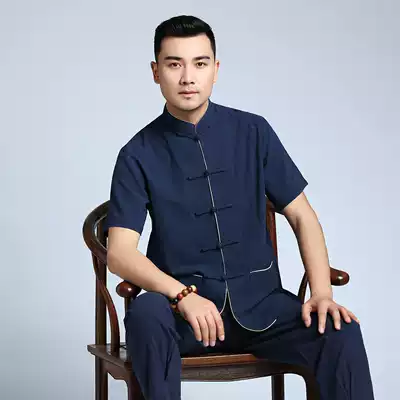 Chinese style summer cotton and linen Tang suit Men's short-sleeved top Short-sleeved shirt Lay Shi Zen suit Han Suit Young men Tang suit