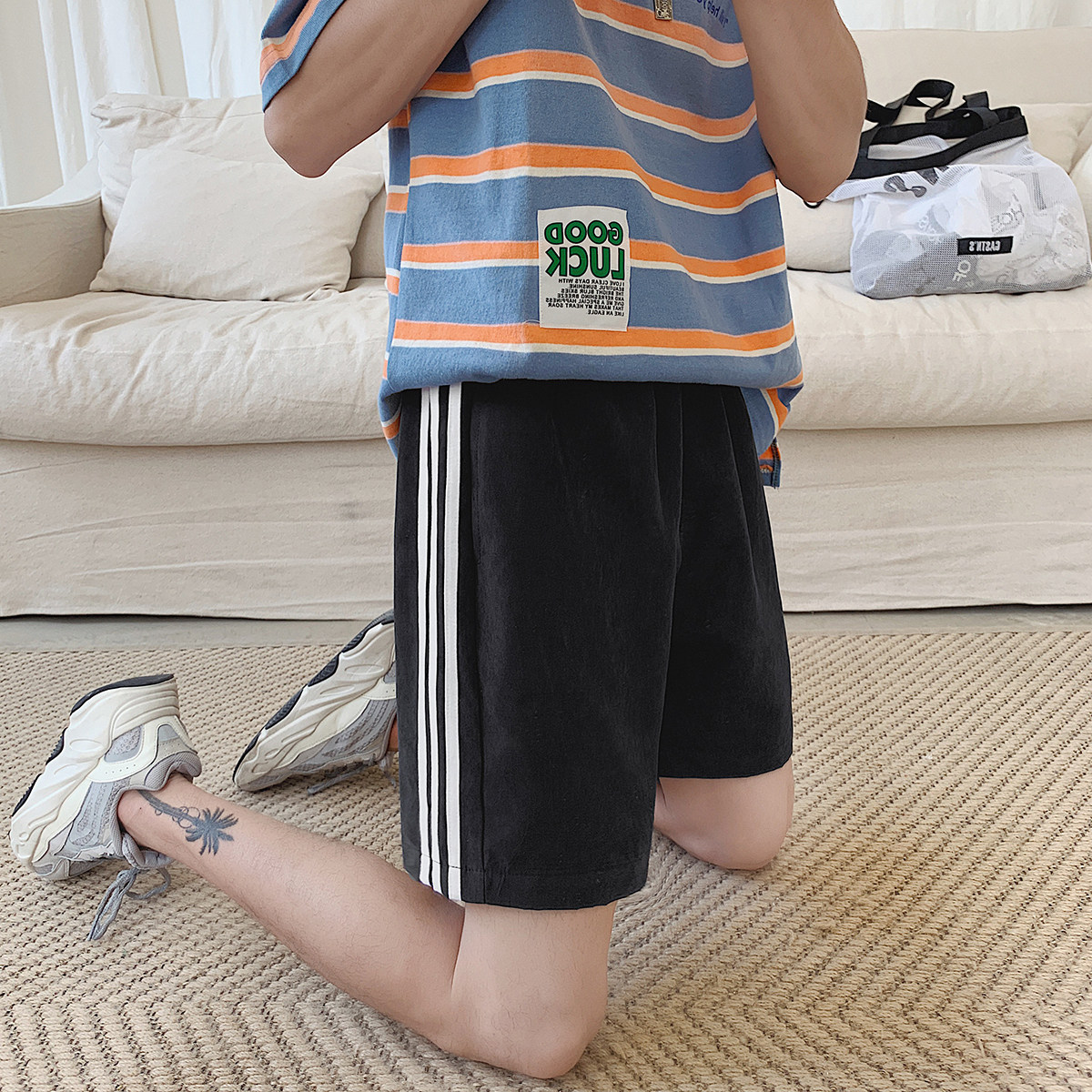 k186 p25 控38 夏装男装休闲三条杠短裤男宽松百搭休闲情侣五分裤