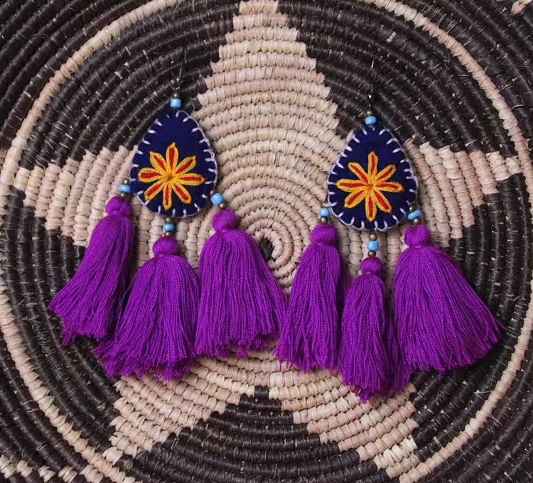 泰国原创手工刺绣 流苏 boho波西米亚民族风旅行度假必备耳环