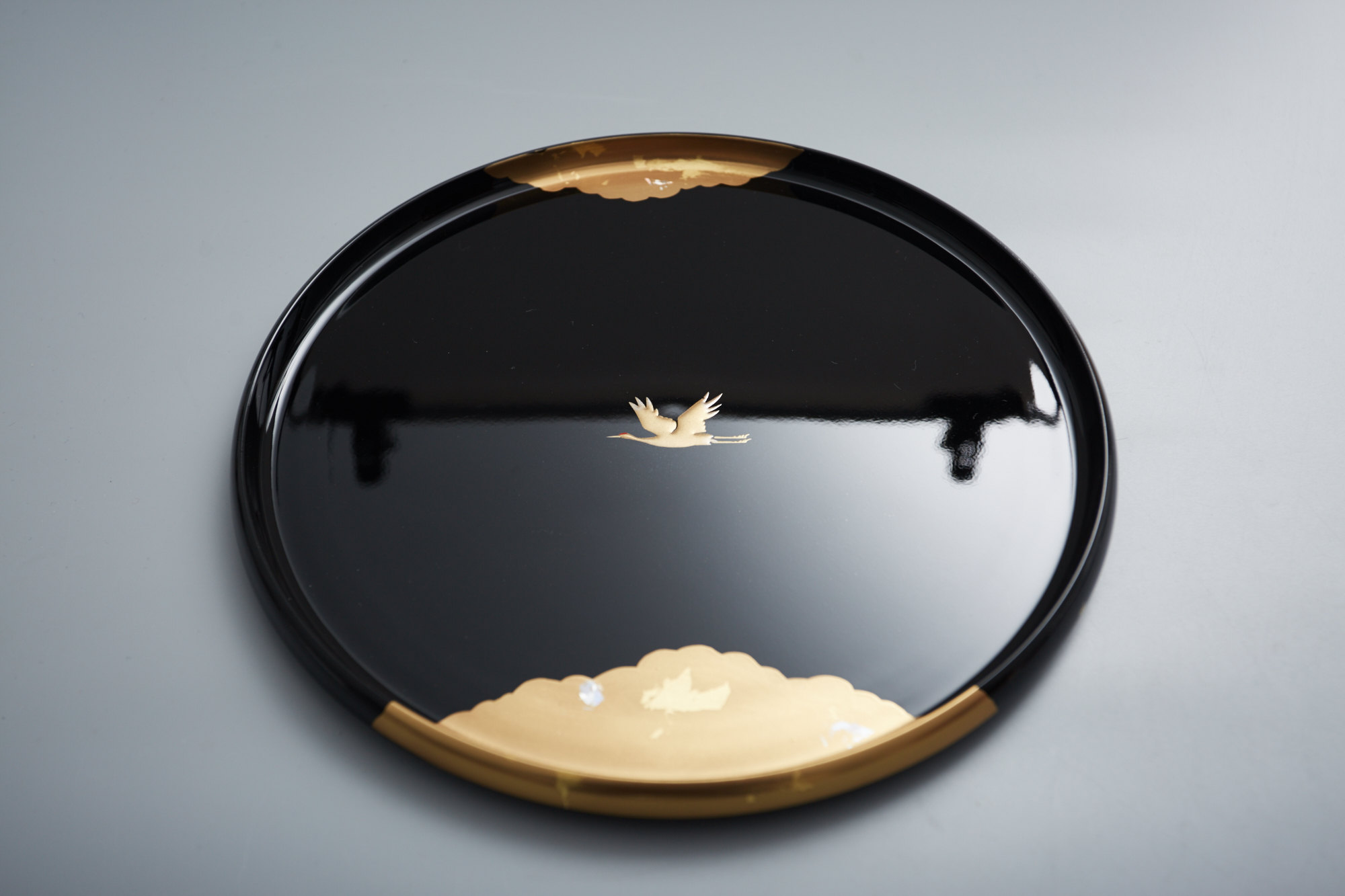 日本进口 山中漆器27厘米云鹤丸盆 盘子 日式漆器托盘 茶盘 盘子