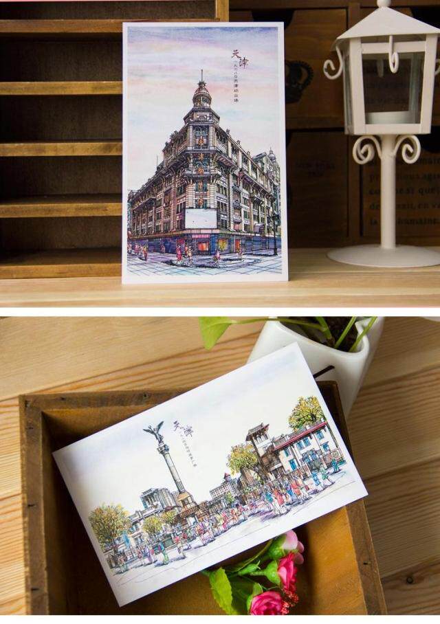 中国天津城市风光明信片包邮原创盒装手绘明信片风景旅行文艺卡片