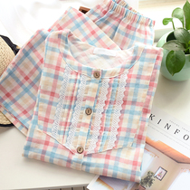 Pajamas new womens summer cotton long-sleeved home suit set cute princess style large size student ins cotton two-piece set